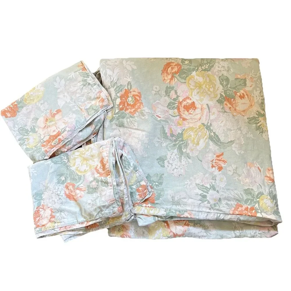 2 Pottery Barn Elora Floral Print Pillow Shams Cover Queen Duvet Set Linen Blend